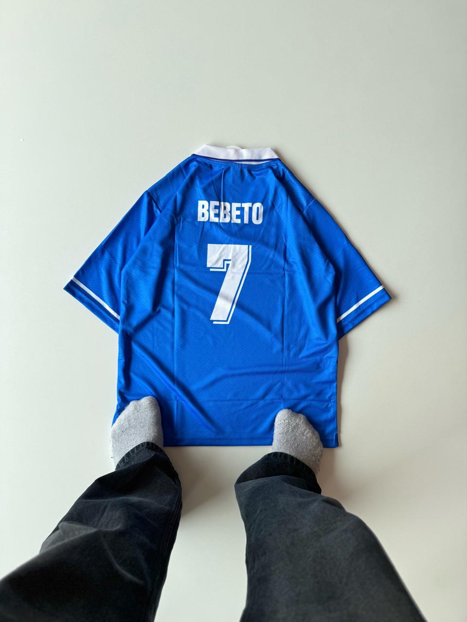 Back view of the retro Brazil 1994 World Cup away jersey featuring Bebeto's iconic white number 7 nameset layout at vamstore India.