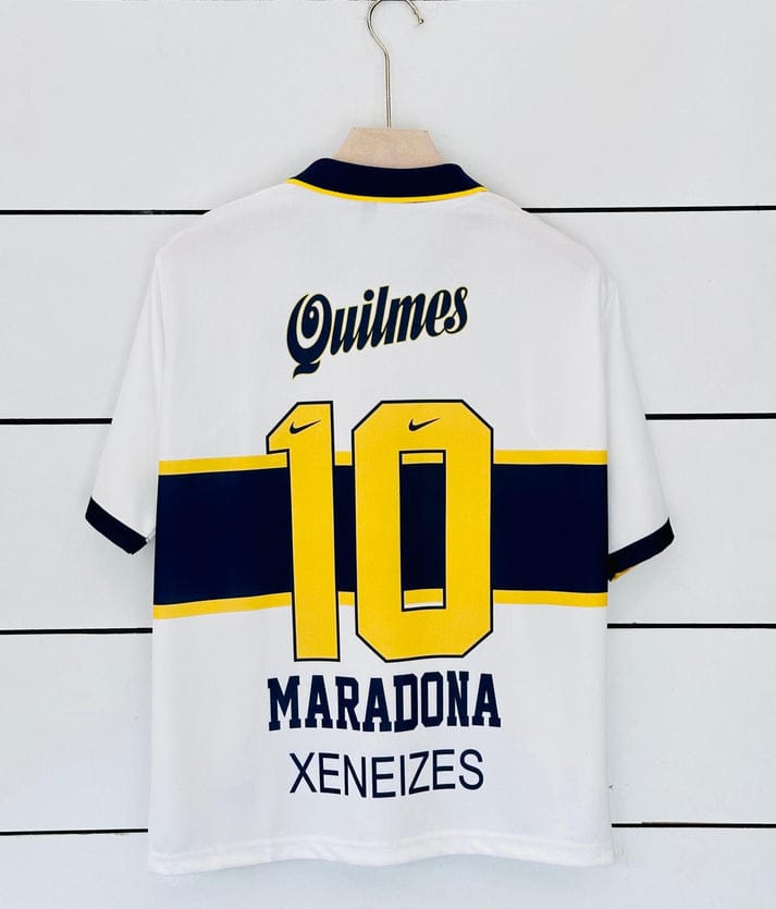 Boca Juniors Retro Maradona 10 Jersey Vintage White Away Five Sleeve Polo Kit | vamstore