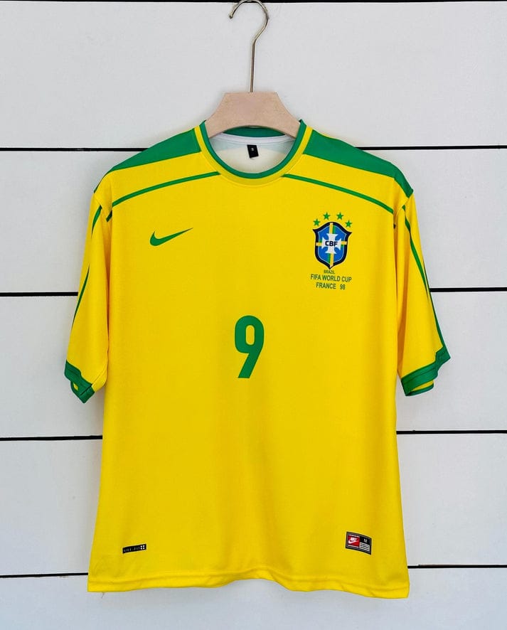 Brazil 1998 Home Jersey Ronaldo 9 Vintage Yellow Five Sleeve Retro Kit | vamstore