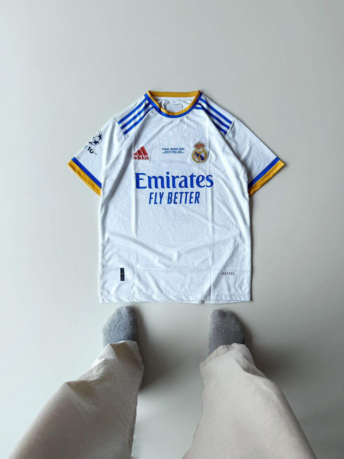 Real Madrid 2021 2022 UCL Final Paris Home Kit Benzema Embroidery football jersey flat lay on white background at vamstore India.